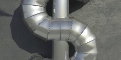 Pressure leaking from industrial pipes in the shape of a dollar sign. Very high resolution 3D render.