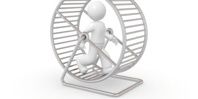 Useless, pointless, vain toil concept. 3D guy running in the wheel cage.
